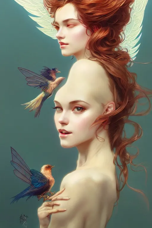 Image similar to portrait of woman with flowy hair, bird wings, confident pose, pixie, genshin impact, intricate, elegant, sharp focus, illustration, highly detailed, concept art, matte, trending on artstation, bright colors, art by wlop and artgerm and greg rutkowski, mucha, marvel comics