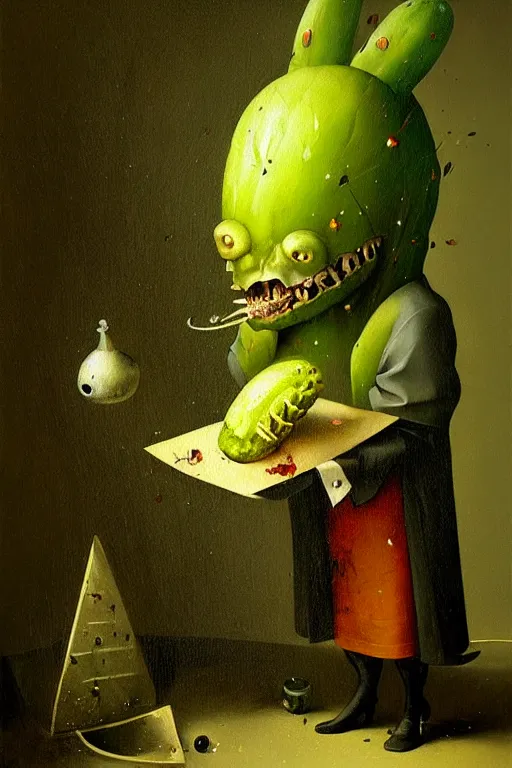 Image similar to hieronymus bosch, greg rutkowski, anna podedworna, painting of a pickle in a suit and tie