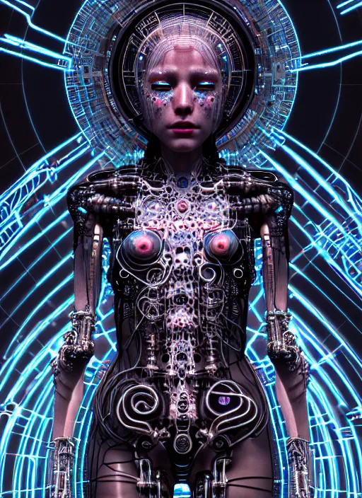 Image similar to timeless cybernetic deity girl with circuitry skin and networked mind tripping on acid, intricate detail, royo, whealan, giger, klimt, hd, octane render, unreal engine,