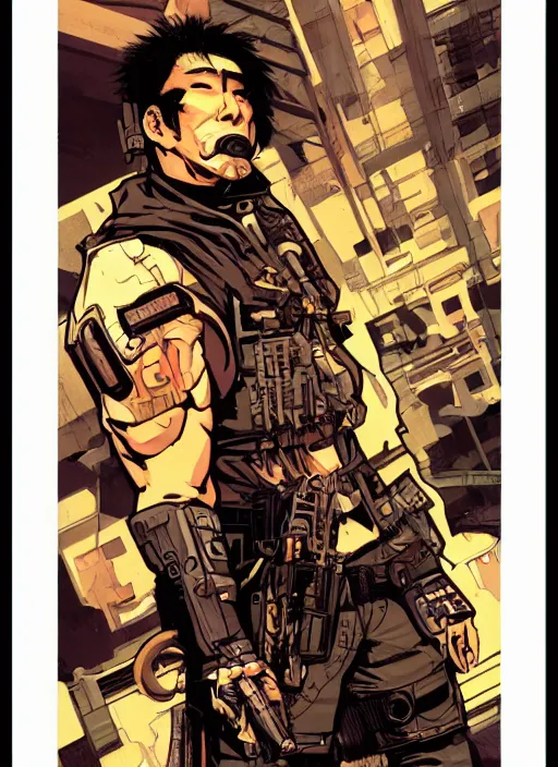 Image similar to hector tanaka. cyberpunk mercenary with scenic background. portrait illustration, pop art, art by ashley wood, alphonse mucha, laurie greasley and josan gonzalez. cinematic. beautiful lighting. realistic proportions. creative