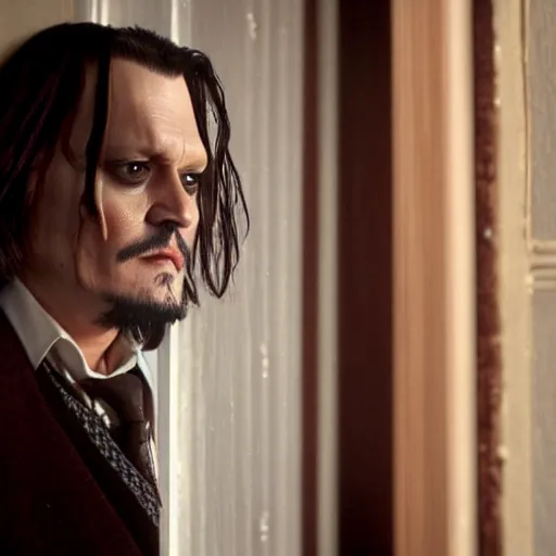 Image similar to Johnny Depp as Jack Torrance in Shining looking through the hole in the broken door
