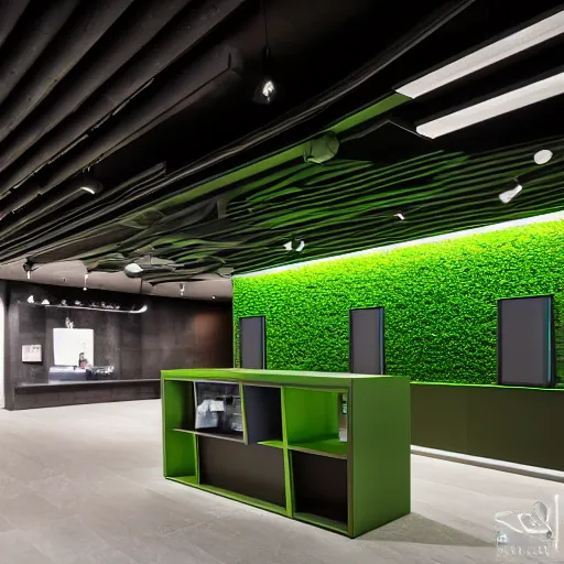 Image similar to interior photography of a Microsoft Samsung flagship store, black walls, textures, wood, features, eye-catching, polished concrete, spotlights, verdant plants green wall, water feature, award winning interior design, patterns, retaildesignblog, dezeen, 14mm, 8k, cinestill, pentax, film