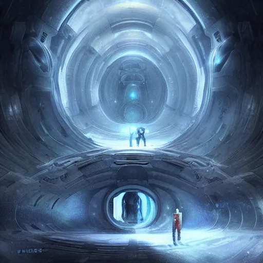 Prompt: Halls of Space by Ben Wanat, a digital painting and concept artist from the Mysterious Deadspace game, but set in a small portal like dream state star tunnel where the halls have no end and no beginning; Art by Vinciardo Van Goughci