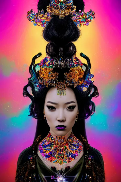 Image similar to a singular beautiful empress dramatic portrait, black hair, with a brilliant, impossible striking shiny big multi colored crystal headpiece, symmetrical, reflective surface, rainbow crystal clothes, rococo, baroque, jewels, asian, realistic, dramatic studio lighting, closeup, D&D, fantasy, intricate, elegant, highly detailed, digital painting, artstation, octane render, 8k, concept art, matte, sharp focus, illustration, art by Artgerm and Greg Rutkowski and Alphonse Mucha