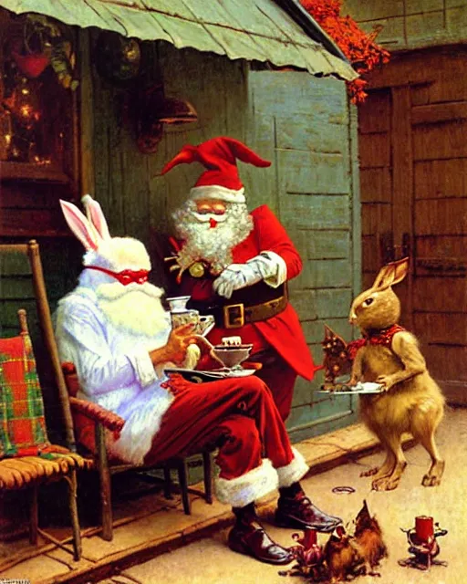 Prompt: easter bunny and santa having tea at high noon, painting by gaston bussiere, craig mullins, j. c. leyendecker, norman rockwell