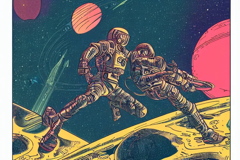 Prompt: an illustration of a space hero with a laser blaster with Saturn filling the background, 1950s sci-fi by Moebius, intricate linework, 4k, highly detailed