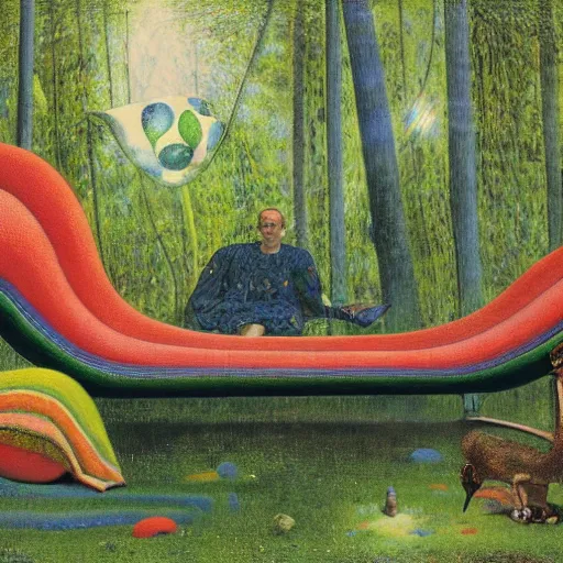 Image similar to psychedelic couch sofa in the lush pine forest, milky way, designed by arnold bocklin, jules bastien - lepage, tarsila do amaral, wayne barlowe and gustave baumann, cheval michael, trending on artstation, canada, star, sharp focus, colorful refracted sparkles and lines, soft light, 8 k 4 k