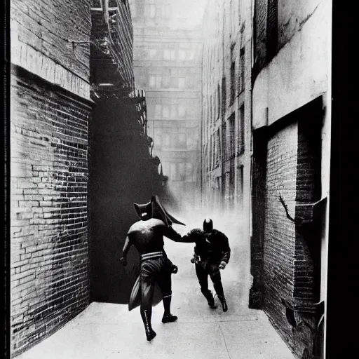 Image similar to old black and white photo, 1 9 2 5, depicting batman fighting a bad guy in an alley of new york city, tommy gun, rule of thirds, historical record