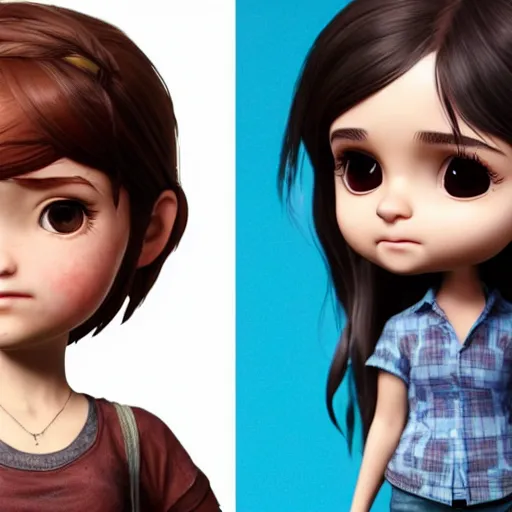 Image similar to Extremely cute and adorable 8k HD key visual of Ellie (The Last of Us) and Ariana Grande posing for the camera making an awesome pose, official media, designed by Mark Ryden and artgerm and Margaret Keane. The art style is quite chibi, with large heads and big wide eyes. 3D render diorama Macro photography