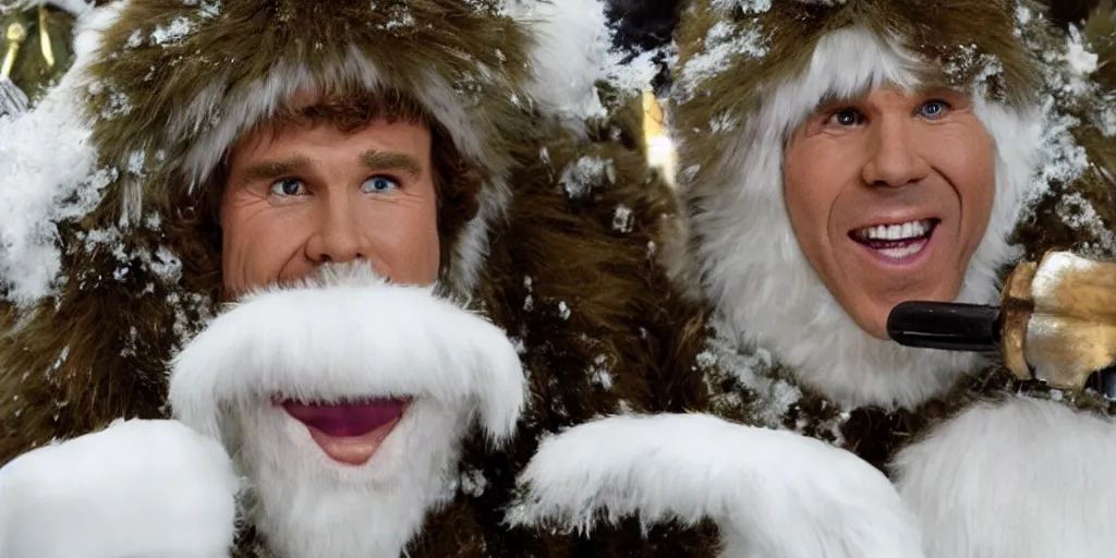 Prompt: ultra wide angle photo of will ferrel dressed as buddy the elf, from the movie elf, looking at himself in a bathroom mirror and seeing his reflection as bumble, the abominable snow monster from the north