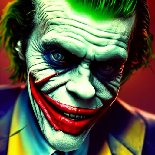 Image similar to willem dafoe as the joker, movie poster, superrealism, quality, post - production, image depth, focus, fine details, skin pores, makeup, frowning, mysterious, hazy, 3 d computer render, 8 k