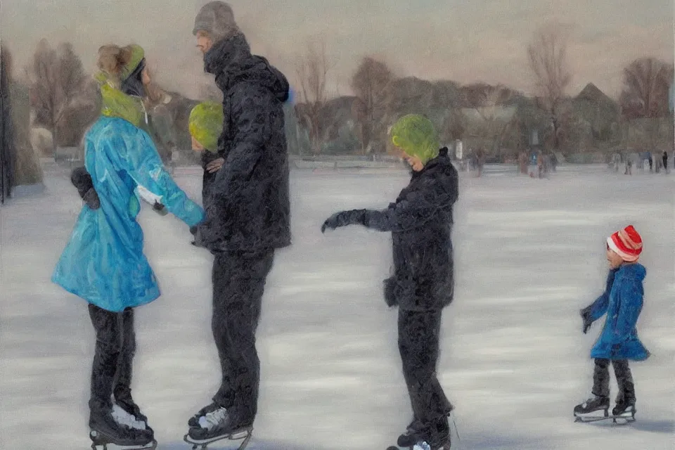 Prompt: “ice skating child and parent, surreal painting, wide angle”