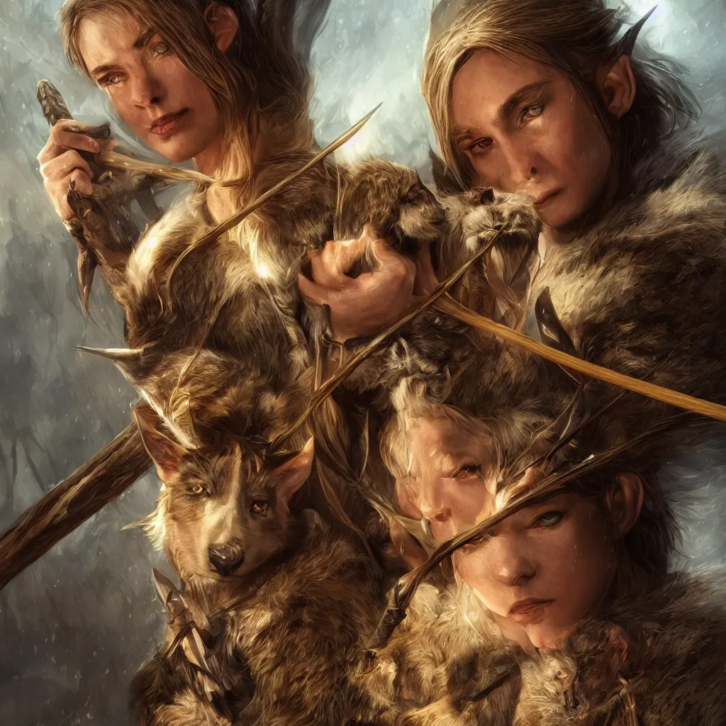 Image similar to Photorealistic cinematic close-up portrait of only one powerful angry female D&D elf ranger, holding a longbow, with a pet wolf, by Larry Elmore and Steven Belledin . Magical occult photorealism, UHD, amazing depth, glowing, golden ratio, 3D octane cycle unreal engine 5, volumetric lighting, cinematic lighting, cgstation artstation concept art