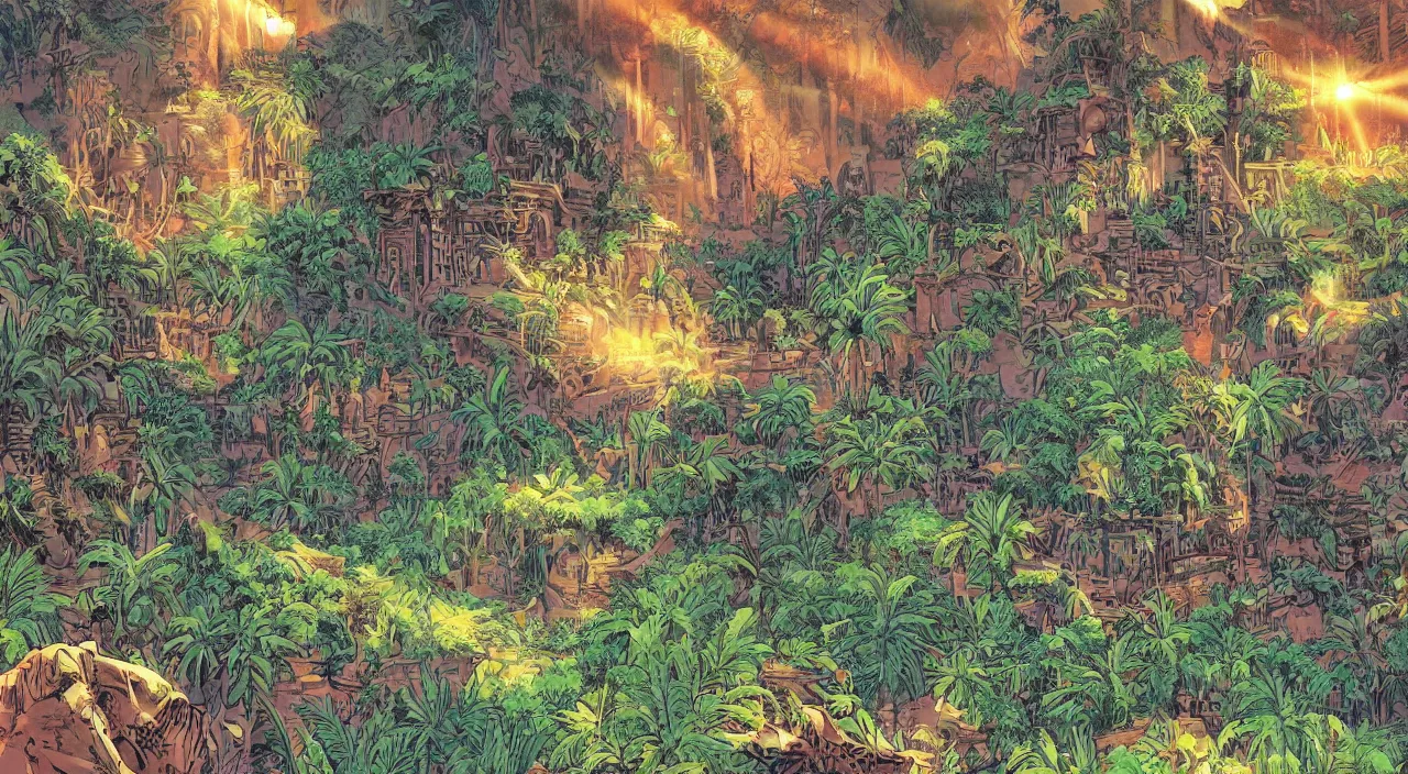 Prompt: zouk fabric jungle dirt wall fortress a spectacular view cinematic rays of sunlight comic book illustration, by john kirby