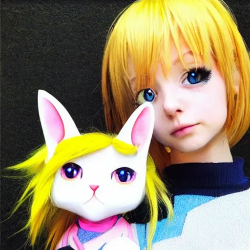 Image similar to anime little cat girl with yellow hair and blue eyes