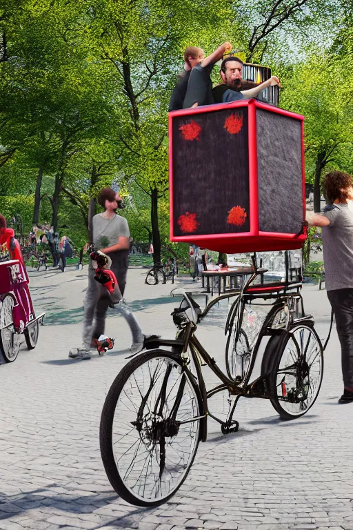 Image similar to band playing in the park with christiania cargobike. Summer. Cinematography, mega scans, cinematic, hyper realistic, photo realistic, cinematic composition, highly detailed, vray, 8k render