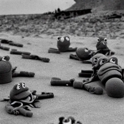 Prompt: a frame from the hollywood blockbuster film the muppets invade normandy action scene omaha beach d - day kermit