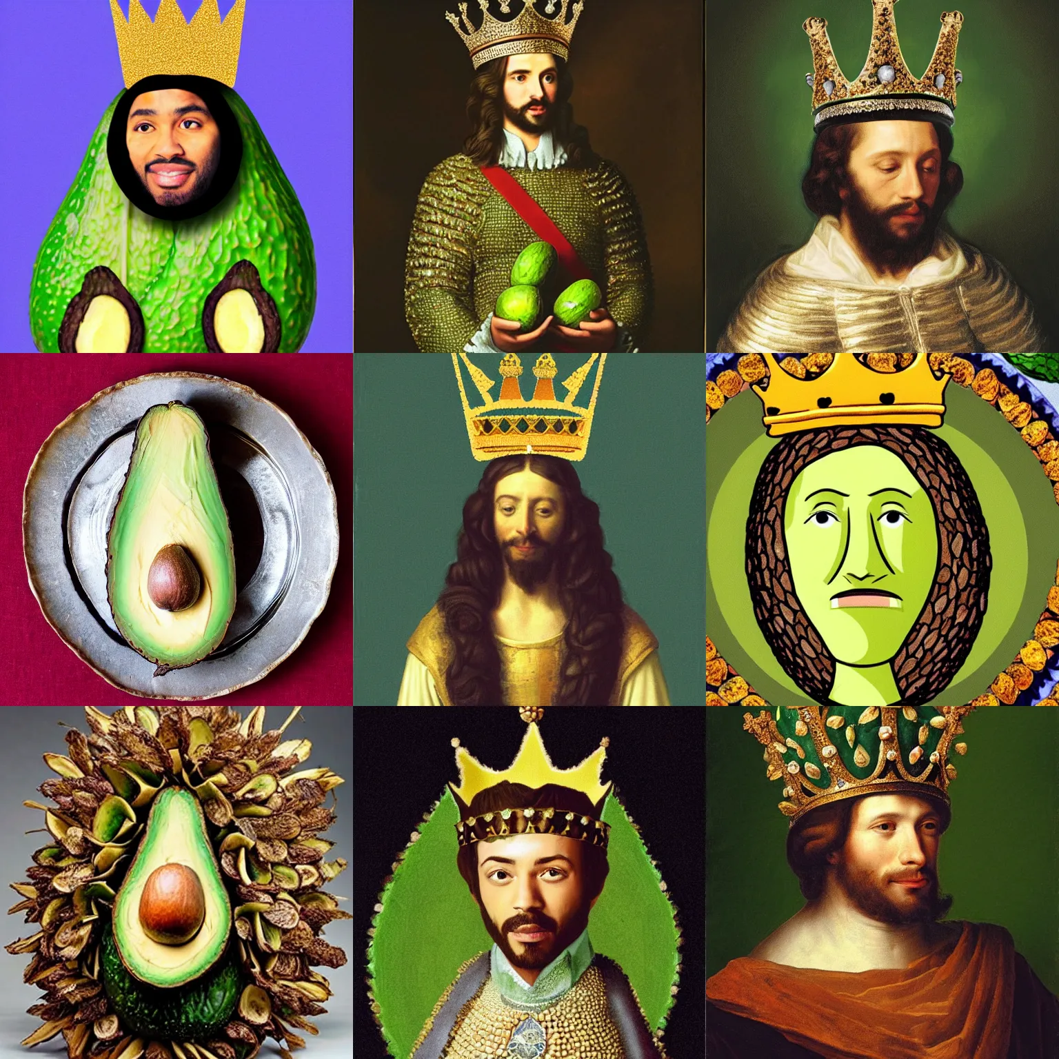 Image similar to A king wearing a crown made of avocados and a royal mantle