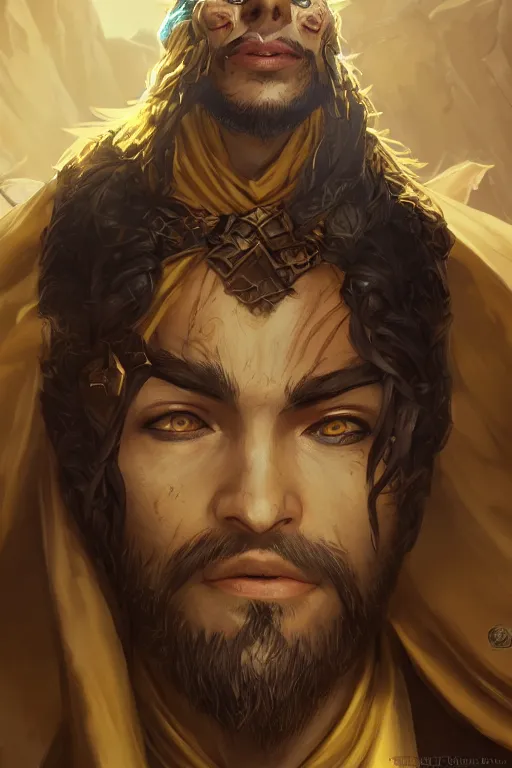 Image similar to portrait of young wild arabian nomad half werewolf, with yellow cloths, league of legends splash art, castlevania, hearthstone splash art, full body shot, rule of thirds, ultrafine hyperrealistic detailed face, artgerm, greg rutkowski, trending on artstation, 8 k, intricately detailed, highly detailed