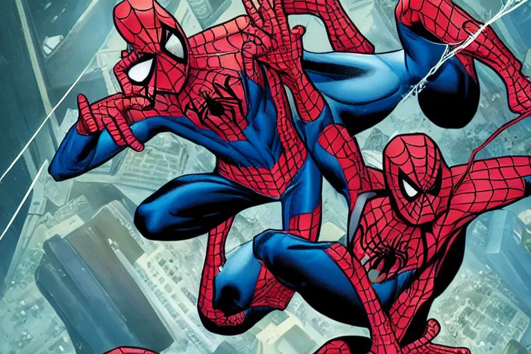 Image similar to spiderman multiverse variants battling for MJ