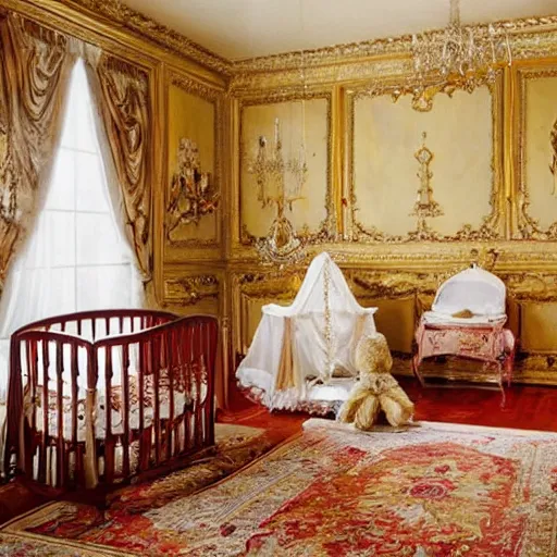 Image similar to !dream The scene is set in a grandiose nursery, with high ceilings and walls adorned with expensive paintings. The room is filled with the crying of obese babies, who are crawling and playing with toys. In the center of the room is a large, ornate crib, where an obese baby is sleeping peacefully. Nearby, a unfashionable maid is feeding another baby from a ornate bottle. The atmosphere is happy and festive. Photography.