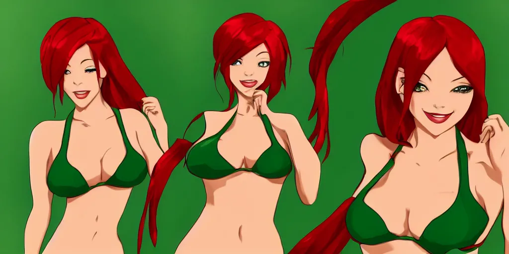 Image similar to very beautiful girl, with red hair, in the style 2d, in a green bikini, hair in a bun