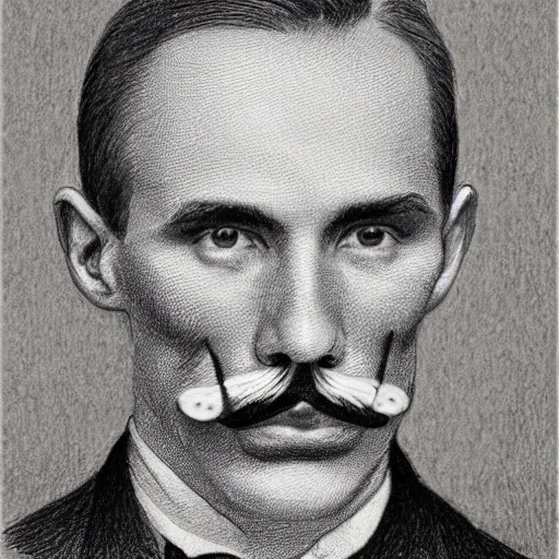 Image similar to A crosshatched portrait drawing of Jerma985 with a pyramidal mustache in the mid-late 1800s, cross haching, crosshatching, mid-late 1800s, grainy, realistic, hyperrealistic, very realistic, highly detailed, very detailed, extremely detailed, detailed, trending on artstation