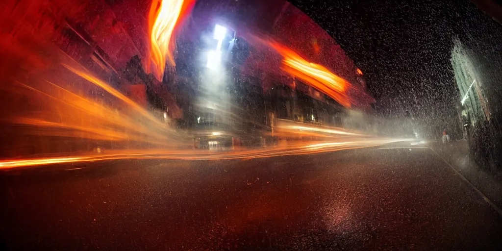 Image similar to fisheye slow motion with trail effect of futuristic break dancer with flowing long dark cloak and tongue of fires, long exposure shot , enigmatic, at night in the middle of a rainy street, paddle of water, steam, fog, water splashes, rim lights, glossy reflections, water droplets on lens, octane render, Volumetric Golden dappled dynamic lighting, dark and dramatic, detailed and soft,