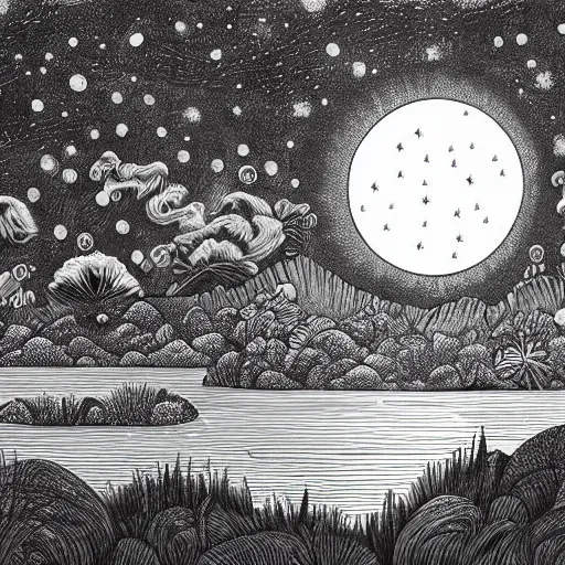 Image similar to a highly detailed ink drawing illustration of the full moon over a magical pond, soft curves, winner on behance, trending on artstation