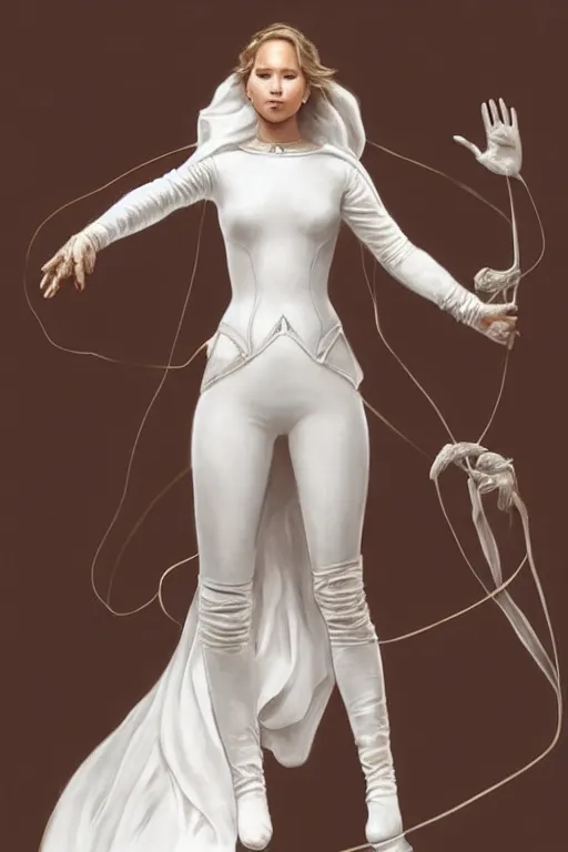 Image similar to Jennifer Lawrence as Queen wearing a White Outfit, anatomy, only two hands, highly detailed, digital painting, artstation, concept art, smooth, sharp focus, illustration, Unreal Engine 5, 8K, art by art by artgerm and greg rutkowski and edgar maxence