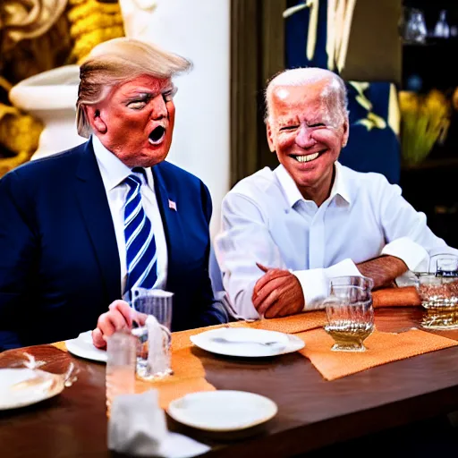 Image similar to Trump and Biden having dinner at a fancy Balinese restaurant, award winning photography, 85mm, perfect faces