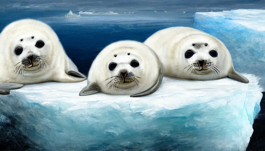 Prompt: highly detailed painting of cute furry white baby seals cuddling into each other on a blue and white iceberg by william turner, by greg rutkowski, by william constable, thick brush strokes and visible paint layers, 4 k resolution