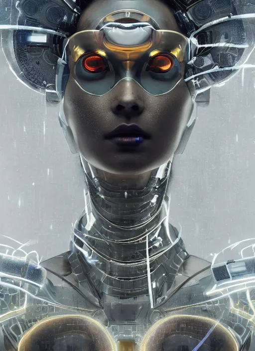 Image similar to close up portrait of a futuristic geisha cyborg walking in a digital storm with lens flairs, in the style of ghost in the shell, kintsugi, modern fine art, fractal, intricate, elegant, highly detailed, digital photography, subsurface scattering, by gigee and greg rutkowski,