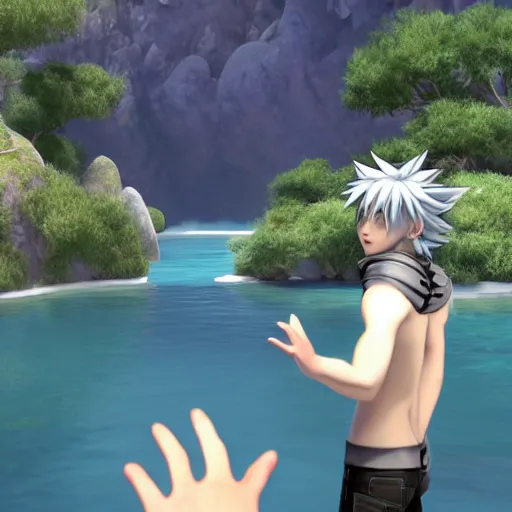 Prompt: a white haired anime character holding out his hand in front of a body of water, a screenshot by michelangelo, deviantart contest winner, vanitas, official art, unreal engine 5, unreal engine. kingdom hearts opening. kingdom hearts cinematic.