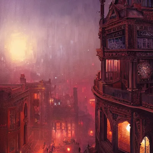 Image similar to A hyper detailed painting of an abandoned victorian era city at night, red moonlight shining on it from above, dark fantasy, an abandoned clock tower in the middle of the city, by Greg Rutkowski, trending on artstation