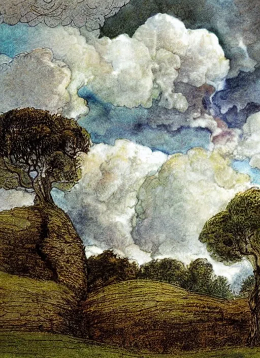 Image similar to sky split in 2, surrounded by light clouds, landscape, illustrated by peggy fortnum and beatrix potter and sir john tenniel