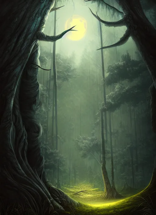 Image similar to fantasy book cover, full moon, fantasy forest landscape, sharp focus, illustration, highly detailed, digital painting, concept art, matte, masterpiece