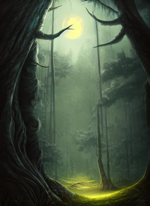 Prompt: fantasy book cover, full moon, fantasy forest landscape, sharp focus, illustration, highly detailed, digital painting, concept art, matte, masterpiece