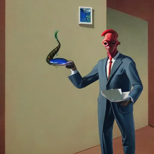 Prompt: Portrait of mr. Fish wearing a business suit , very coherent, painted by Edward Hopper, Wayne Barlowe, painted by James Gilleard, airbrush, art by JamesJean