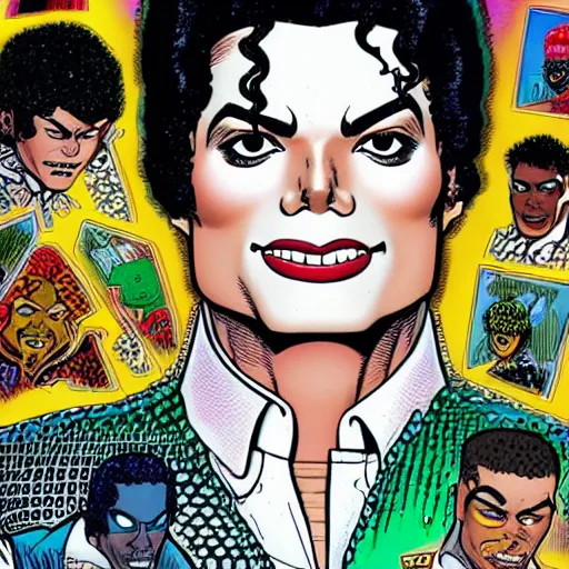 Image similar to dynamic macro head portrait of beautiful michael jackson super hero in white sequined jacket by john romita sr and cory walker and ryan ottley and jack kirby and barry windsor - smith, comic, illustration, photo real