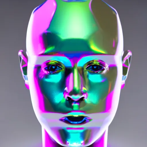 Image similar to 3d render of holographic human robotic head made of glossy iridescent, surrealistic 3d illustration of a human face non-binary, non binary model, 3d model human, cryengine, made of holographic texture, holographic material, holographic rainbow, concept of cyborg and artificial intelligence