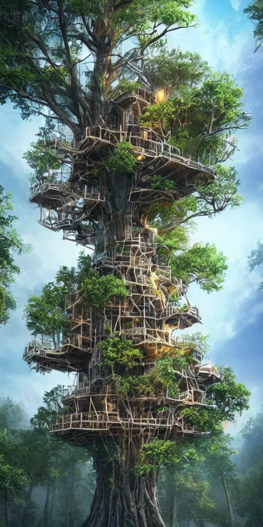 Image similar to ultra realistic and intricate detailed photograph of giant holy tech treehouse, innovation, bright modern style, artstation, unreal render, depth of field, ambient lighting, award winning, stunning