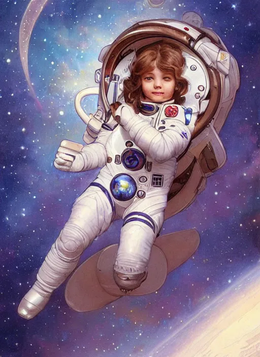 Image similar to a cute little girl with curly light brown hair and blue eyes as an astronait wearing a space suit in space, beautiful fantasy painting by artgerm and greg rutkowski and alphonse mucha