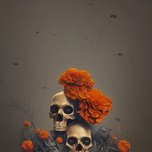 Prompt: skulls and marigold, intricate artwork by Tooth Wu and wlop and beeple. octane render, trending on artstation, greg rutkowski very coherent symmetrical artwork. cinematic, hyper realism, high detail, octane render, 8k, orange and black tones