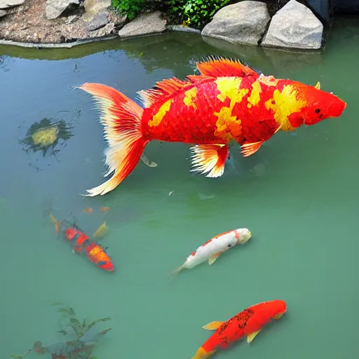 Prompt: hellish koi fish in armor in a large pond -w 1024 -n 6