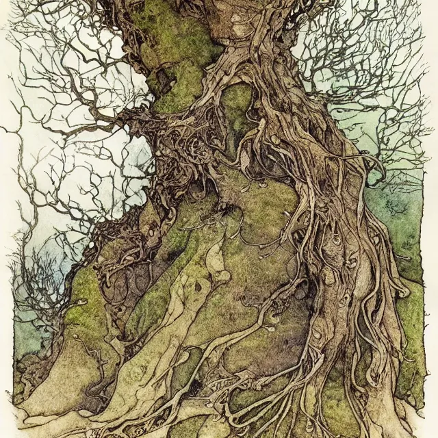 Image similar to a detailed, intricate watercolor and ink portrait illustration with fine lines, of a gnarled tree and mossy ground, by arthur rackham and edmund dulac and ted nutall and mucha