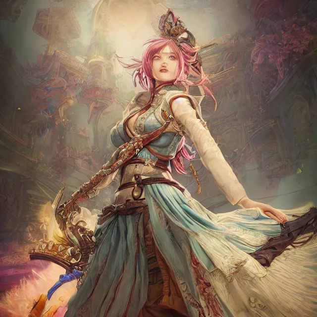 Image similar to the portrait of neutral good colorful female cleric bard as absurdly beautiful, gorgeous, elegant, skinny young gravure idol, an ultrafine hyperdetailed illustration by kim jung gi, irakli nadar, intricate linework, sharp focus, bright colors, octopath traveler, final fantasy, unreal engine 5 highly rendered, global illumination, radiant light, detailed and intricate environment