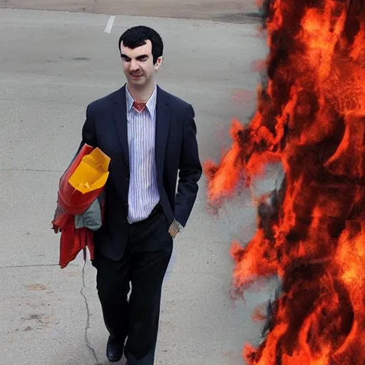 Image similar to nathan fielder walking around hell!!!!!! with a clipboard painted by lorenzo de'medici