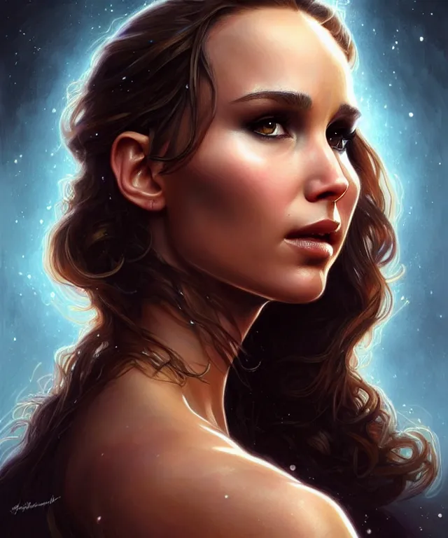 Prompt: half nathalie portman half Jennifer lawrence a fantasy magic woman portrait, sci-fi, amber eyes, face, long hair, fantasy, intricate, elegant, highly detailed, digital painting, artstation, concept art, smooth, sharp focus, illustration, art by artgerm and greg rutkowski and alphonse mucha