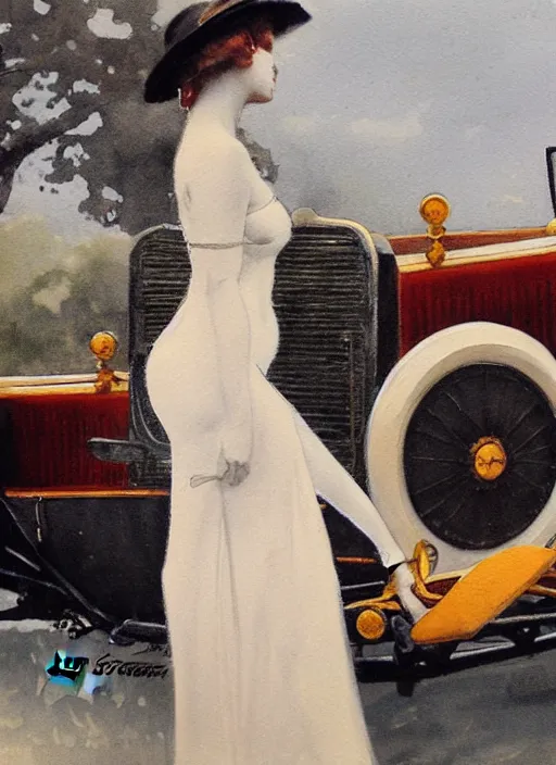 Image similar to a painting of a woman posing in front of a 1920's car by Louis Icart, highly detailed, masterpiece, trending on ArtStation, ultra realistic